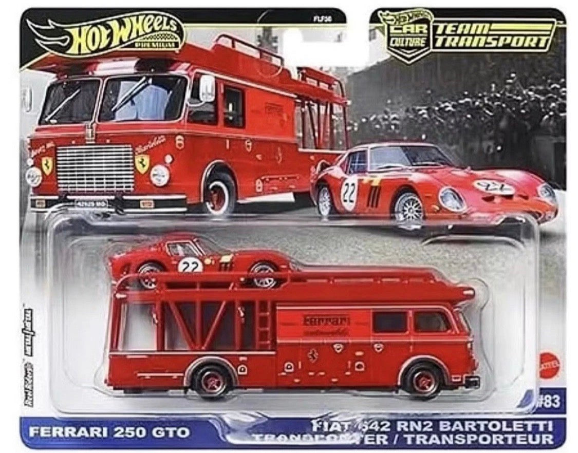 Hot Wheels Premium Team Transport Ferrari 250 GTO and a Fiat 642 RN2 Bartoletti Transporter.